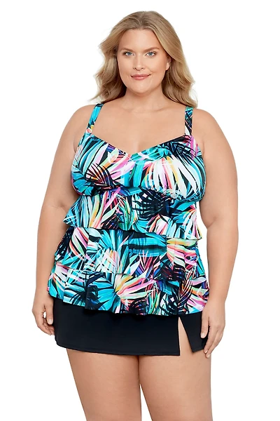 Swim Solutions Women's Fiesta Fronds Triple Tier Tankini Swim Top
