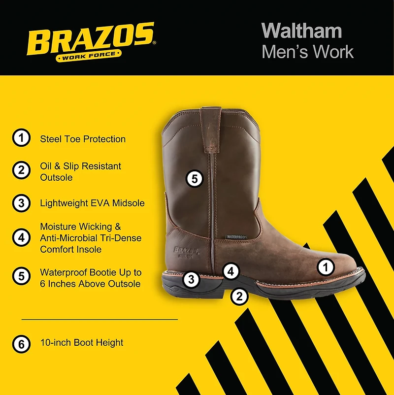 Brazos Men’s Waltham Wellington Steel-Toe Work Boots