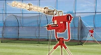 Trend Sports Heater Pro Real Ball Pitching Machine with Xtender 24 Home Batting Cage