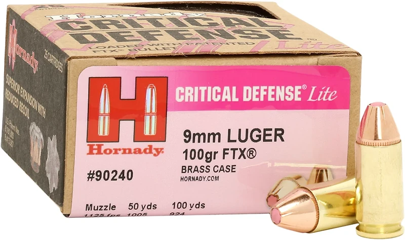 Hornady Critical Defense Lite FTX 9mm Luger 100-Grain Bullets - 25 Rounds
