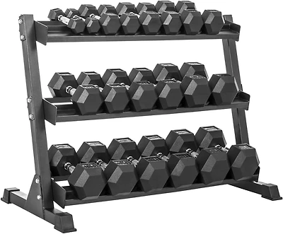 Lifeline 5 to 50 pound Hex Rubber Dumbbell Set with 3-Tier Storage Rack