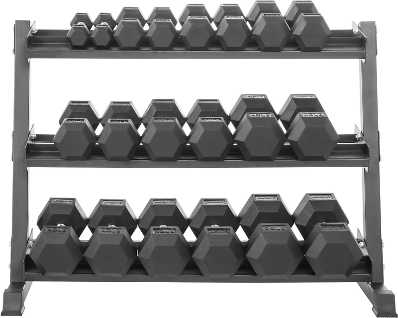 Lifeline 5 to 50 pound Hex Rubber Dumbbell Set with 3-Tier Storage Rack