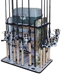 Rush Creek Bass 14 Fishing Rod Rack with 4 Bait Bin Storage