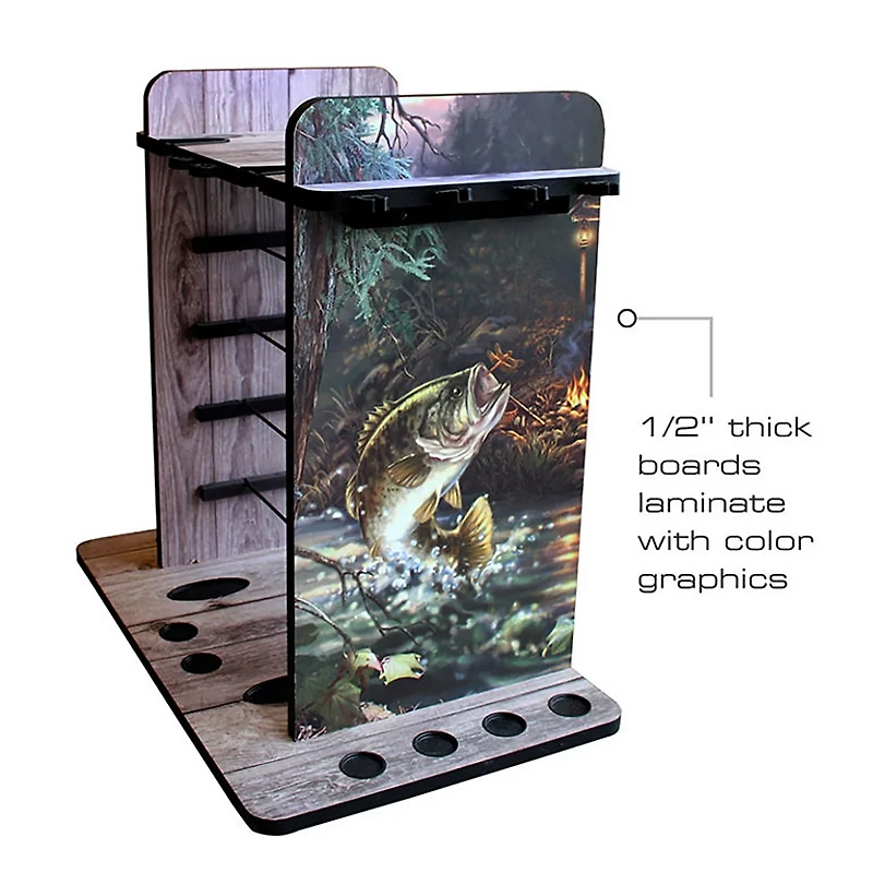 Rush Creek Bass 14 Fishing Rod Rack with 4 Bait Bin Storage