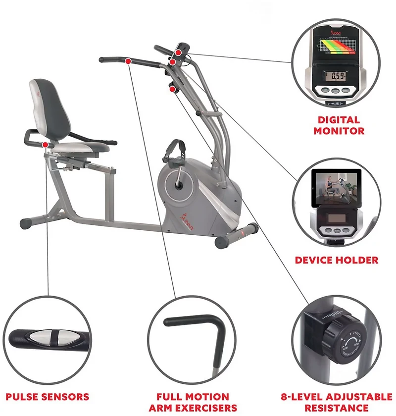 Sunny Health & Fitness Cross Trainer Magnetic Recumbent Bike & Arm Exercisers
