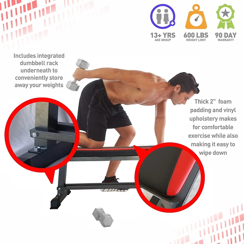 Pure Fitness Flat Bench with Dumbbell Rack
