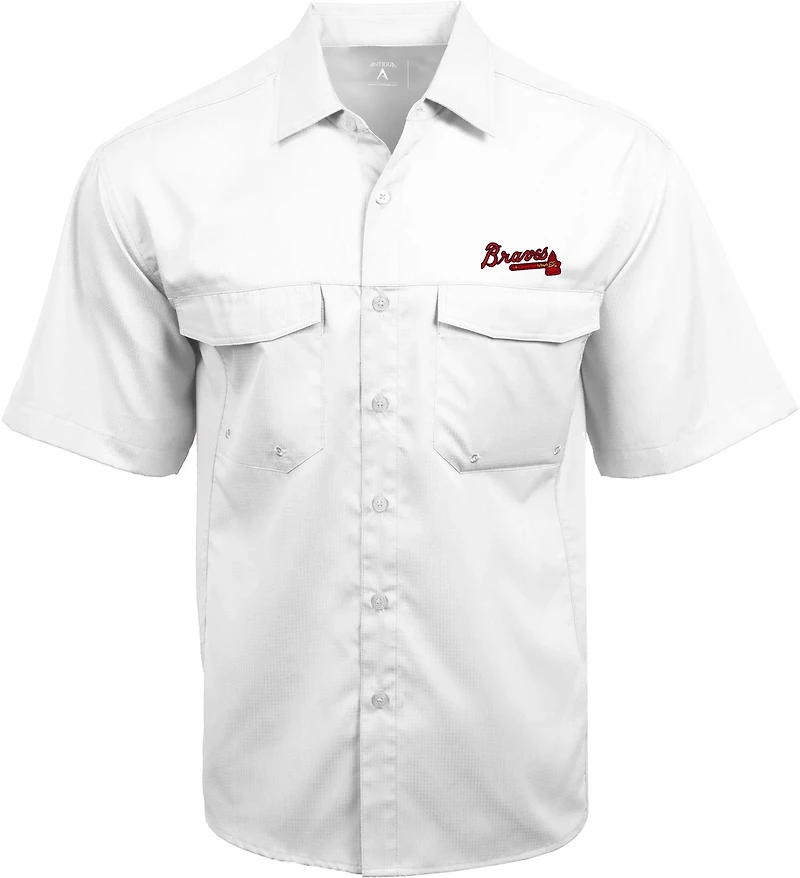 Antigua Men's Atlanta Braves Game Day Woven Fishing Shirt