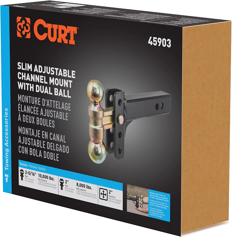 CURT 10,000 lb Slim Adjustable Channel Mount with Dual Ball