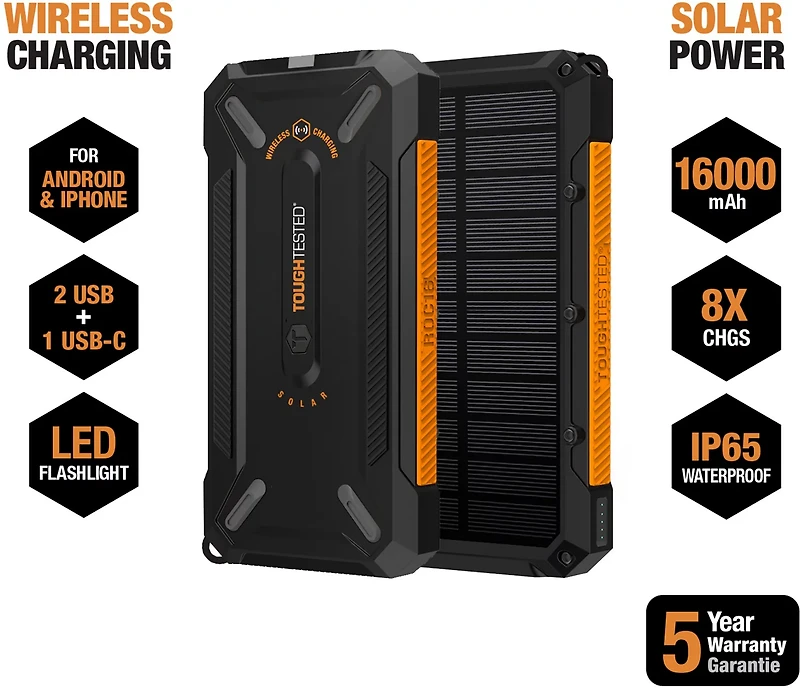 Tough Tested 16,000mAh Solar Power Bank with Flashlight