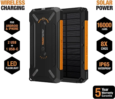 Tough Tested 16,000mAh Solar Power Bank with Flashlight