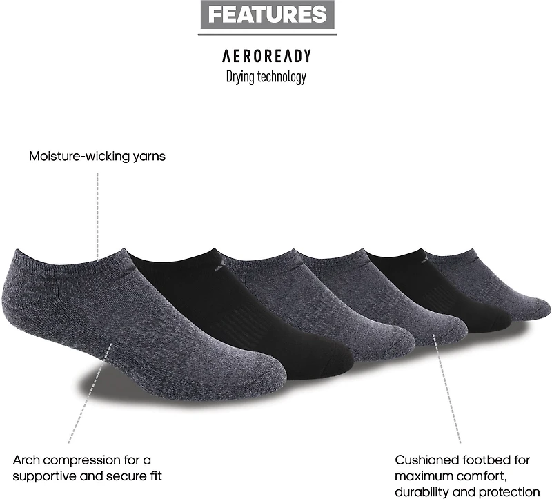 adidas Men's Large Athletic No-Show Socks 6 Pack