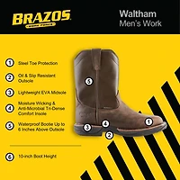 Brazos Men’s Waltham Wellington Steel-Toe Work Boots
