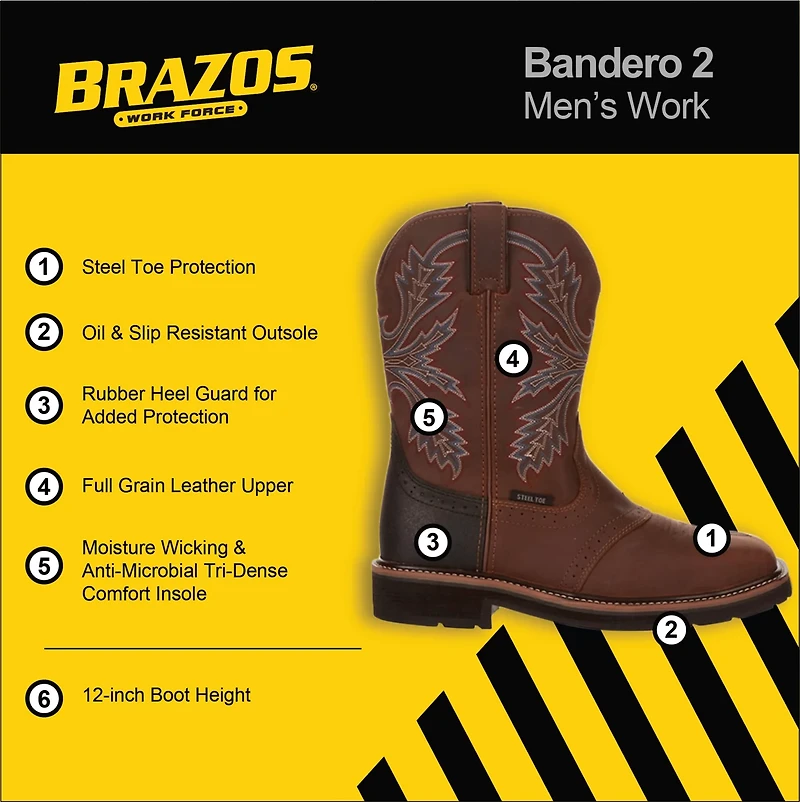 Brazos Men's Bandero 2.0 Steel Toe Wellington Work Boots