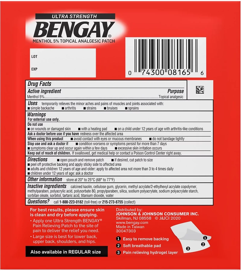Johnson & Johnson Bengay Ultra Strength Large Pain Relief Patch