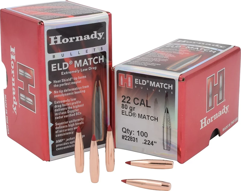 Hornady ELD Match .22 cal .224 80-Grain Reloading Bullets - 100 Rounds