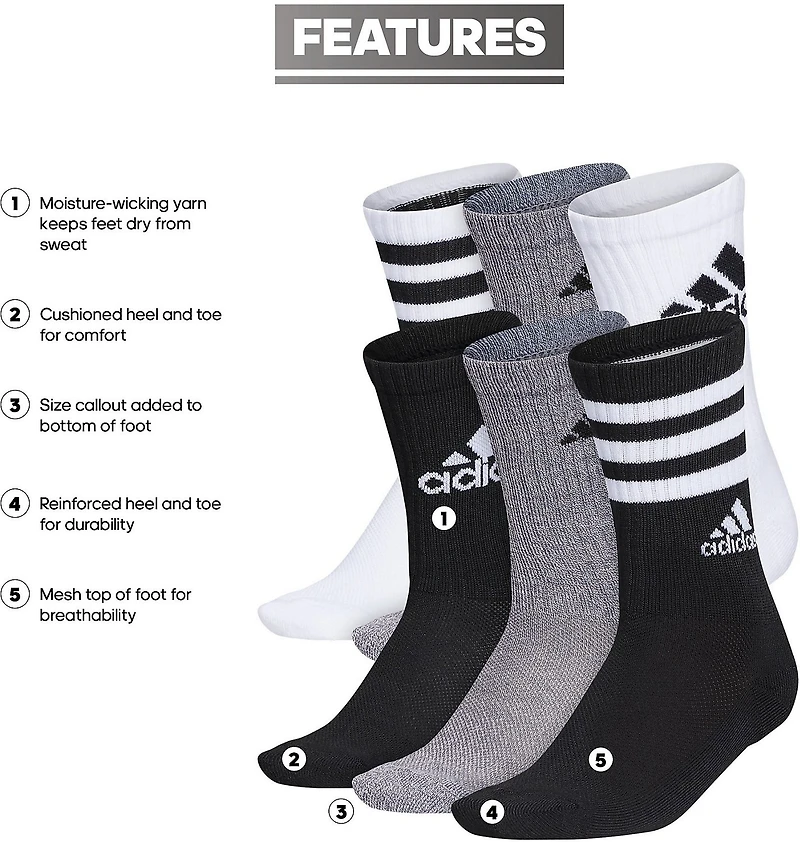 adidas Youth Cushion Mixed Crew Socks 6 Pack