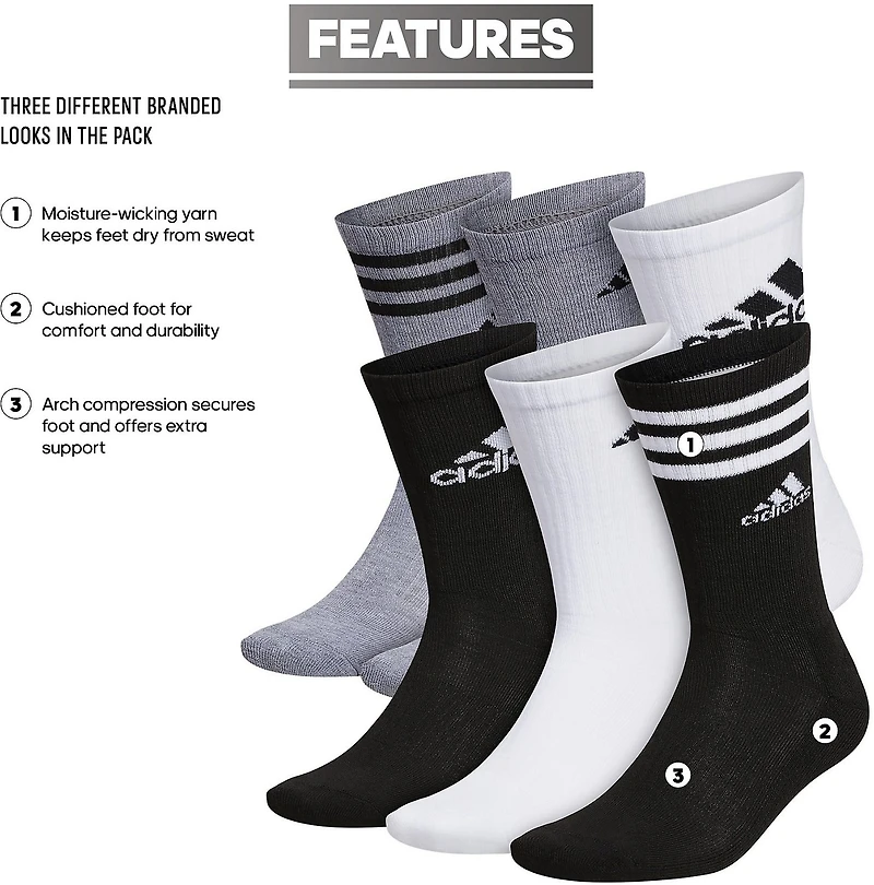adidas Cushion Mixed Crew Socks 6 Pack