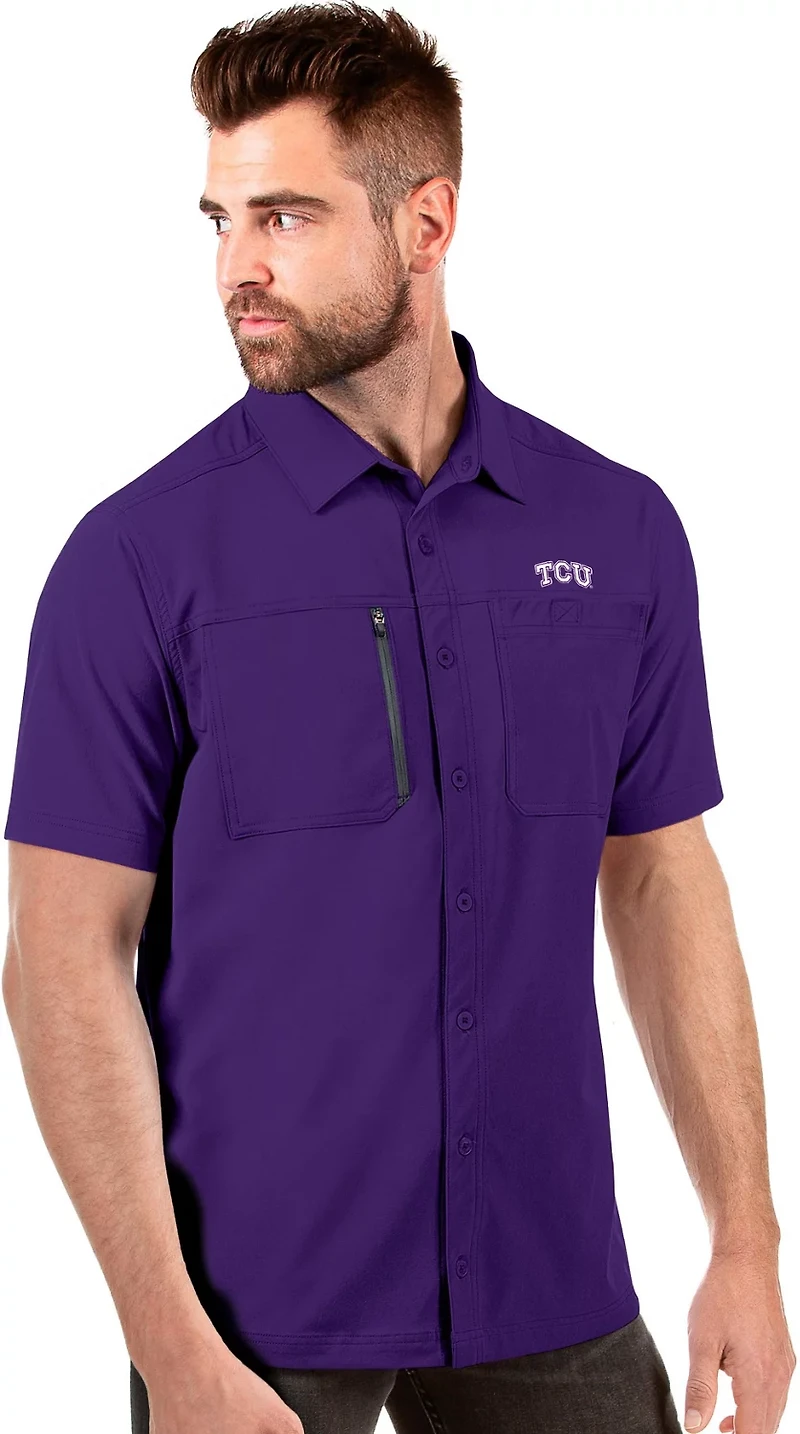 Antigua Men's Texas Christian University Kickoff Woven Short Sleeve Fishing Shirt