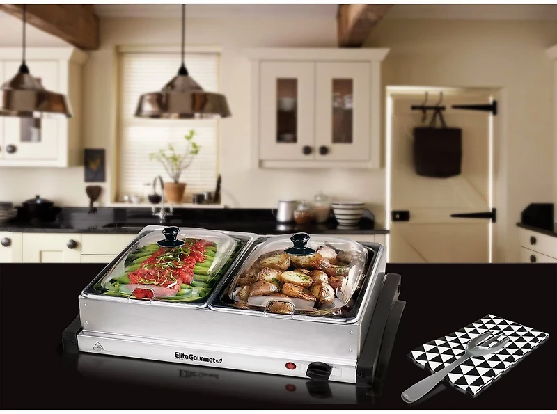 Elite Gourmet 5 Qt. Dual Tray Stainless Steel Electric Buffet Server and Food Warmer