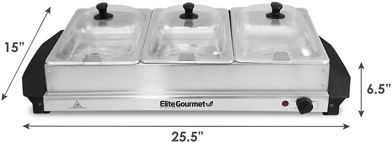 Elite Gourmet 7.5 Qt. Triple Tray Stainless Steel Electric Buffet Server and Food Warmer