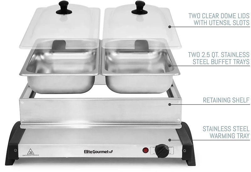 Elite Gourmet 5 Qt. Dual Tray Stainless Steel Electric Buffet Server and Food Warmer