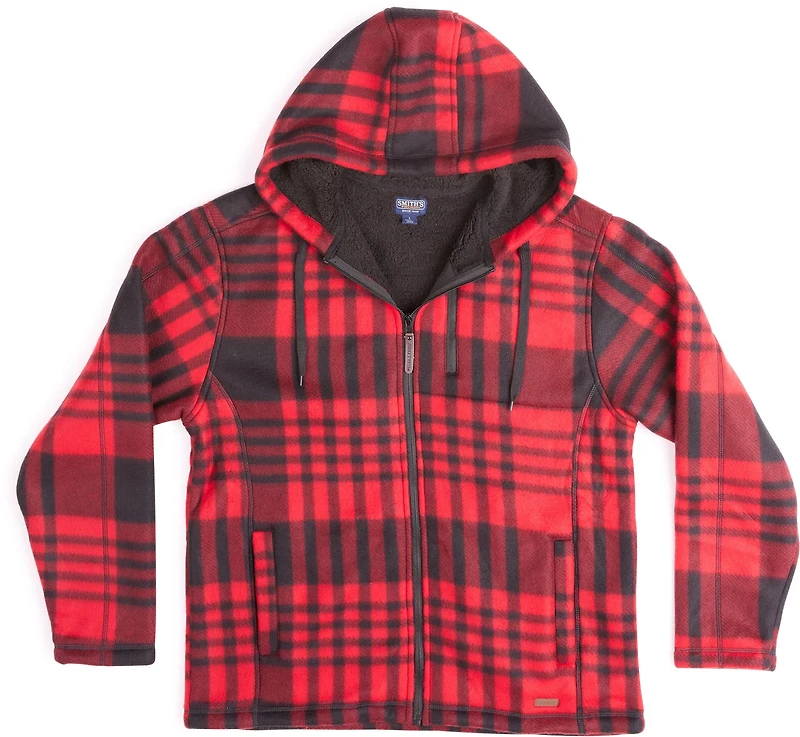 Smith's Workwear Men's Butter-Sherpa Lined Plaid Polar Fleece Full Zip Hooded Jacket