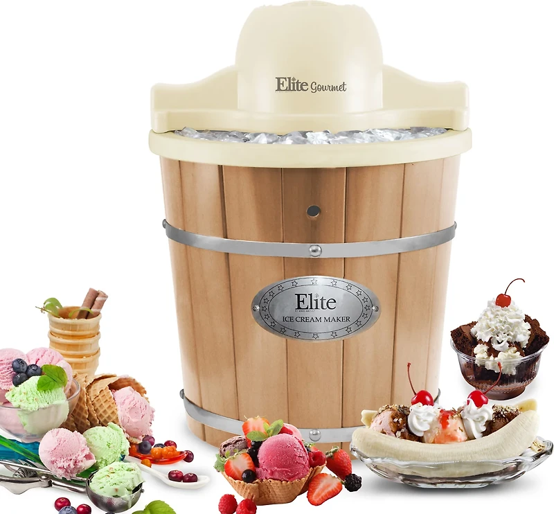 Elite Gourmet 4 qt Electric Motorized Old Fashioned Bucket Ice Cream Maker