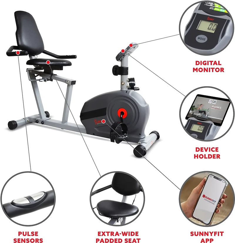 Sunny Health & Fitness Essential Series Magnetic Smart Recumbent Bike