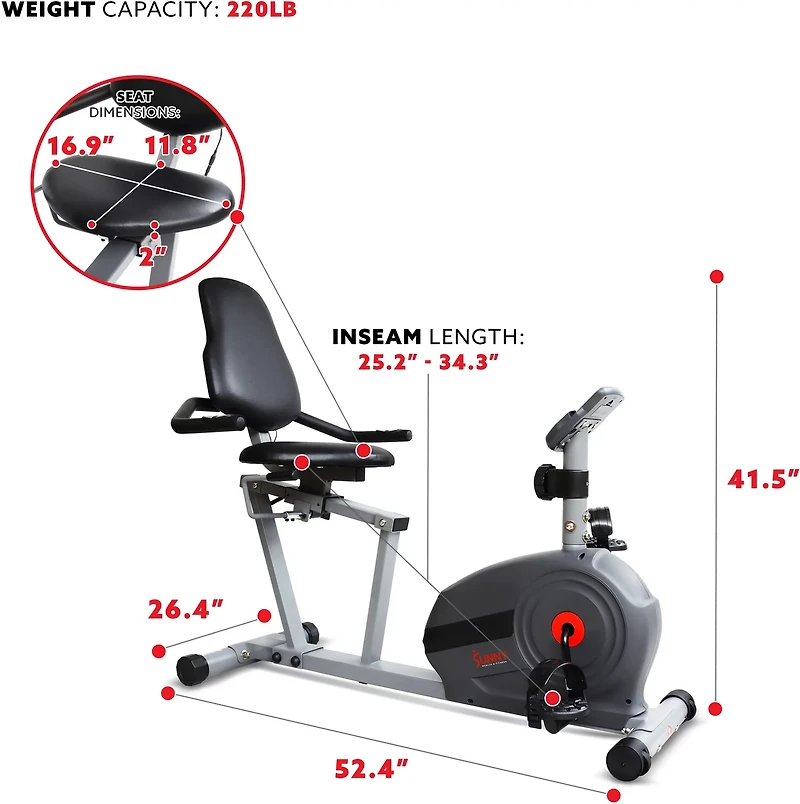 Sunny Health & Fitness Essential Series Magnetic Smart Recumbent Bike