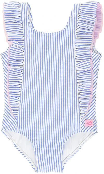 RuffleButts Girls' (4-7) Seersucker Waterfall One Piece Swimsuit