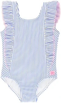 RuffleButts Girls' (4-7) Seersucker Waterfall One Piece Swimsuit