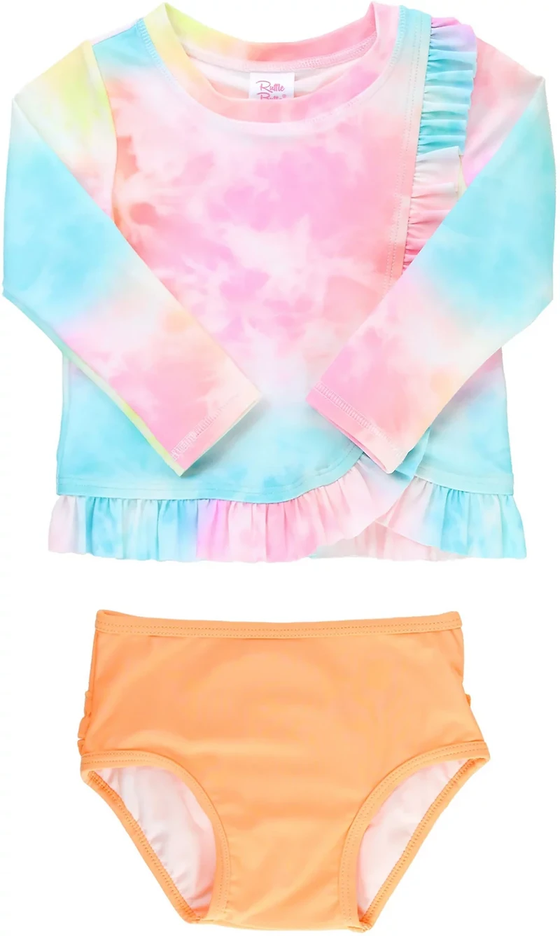 RuffleButts Girls' (4-7) Rainbow Tie-Dye Ruffled Long Sleeve Rash Guard 2-Piece Set