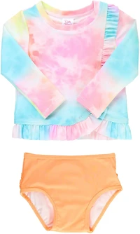 RuffleButts Girls' (4-7) Rainbow Tie-Dye Ruffled Long Sleeve Rash Guard 2-Piece Set