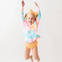 RuffleButts Girls' (4-7) Rainbow Tie-Dye Ruffled Long Sleeve Rash Guard 2-Piece Set