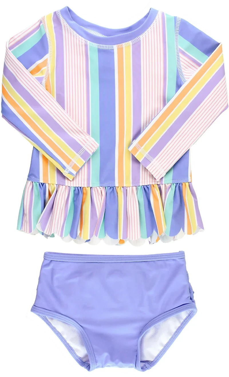 RuffleButts Girls' Rainbow Lane Scalloped Long Sleeve Rash Guard 2-Piece Set