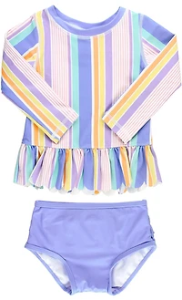 RuffleButts Girls' Rainbow Lane Scalloped Long Sleeve Rash Guard 2-Piece Set