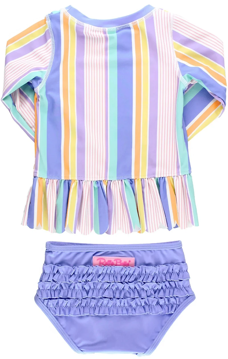 RuffleButts Girls' Rainbow Lane Scalloped Long Sleeve Rash Guard 2-Piece Set