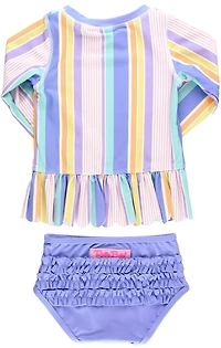RuffleButts Girls' Rainbow Lane Scalloped Long Sleeve Rash Guard 2-Piece Set