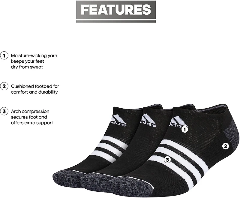 adidas Men's Cushioned 3-Stripe 3.0 No-Show Socks 3-Pack