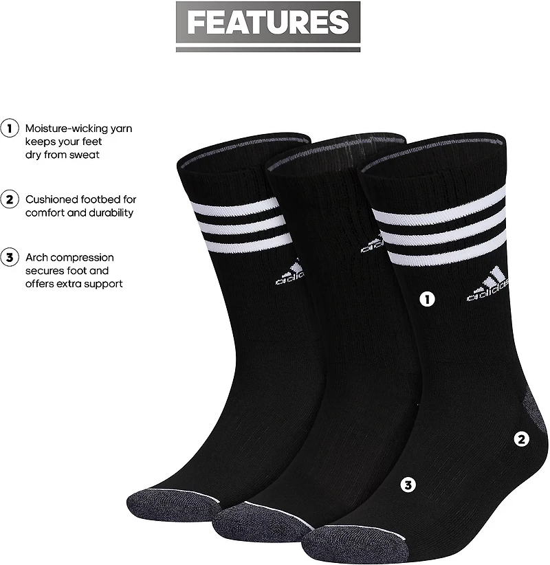 adidas Men's Cushioned 3-Stripe 3.0 Crew Socks 3-Pack