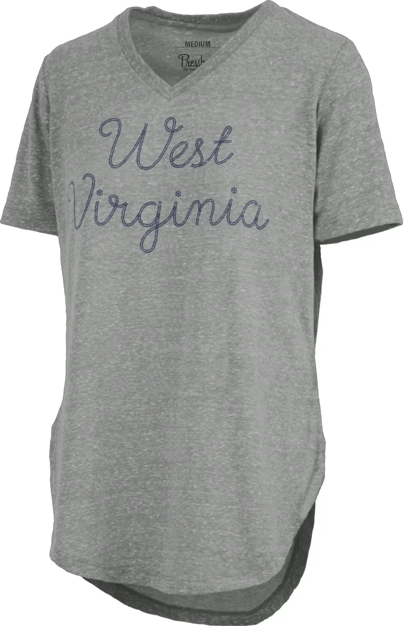 Three Square Women's West Virginia University Knobi Stardust Chain Puff V-neck T-shirt
