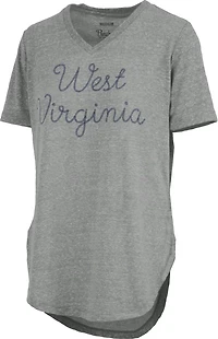Three Square Women's West Virginia University Knobi Stardust Chain Puff V-neck T-shirt