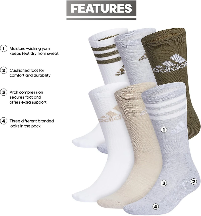 adidas Cushion Mixed Crew Socks 6 Pack