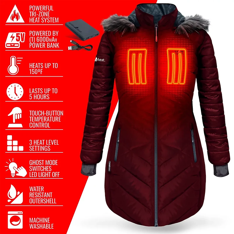 ActionHeat Women's 5V Battery Heated Long Hooded Puffer Jacket