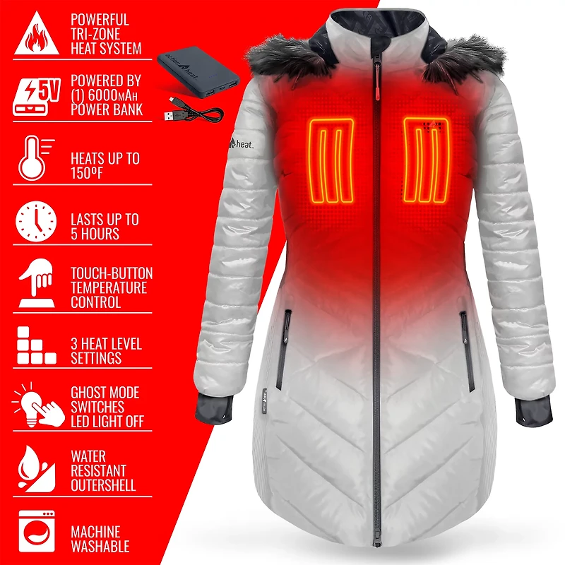 ActionHeat Women's 5V Battery Heated Long Hooded Puffer Jacket