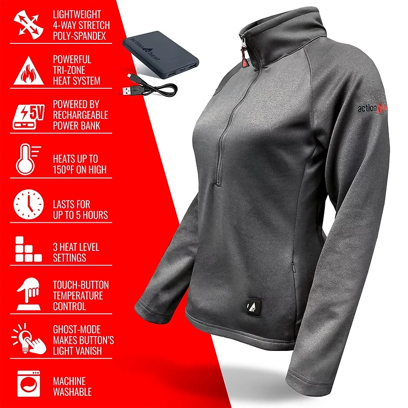 ActionHeat Women's Slim Fit 5V Battery Heated 1/2 Zip Pullover