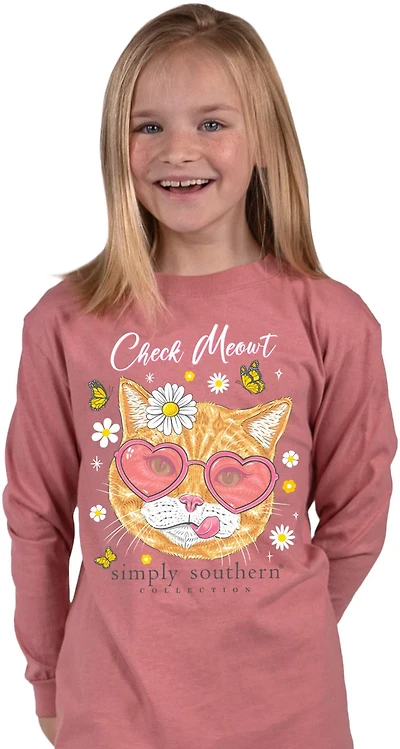 Simply Southern Girls' Check Meowt Cat Long Sleeve T-shirt