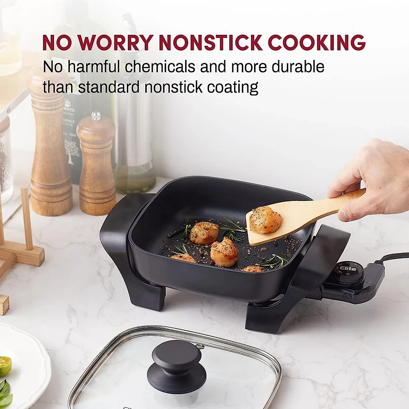 Elite Gourmet Non-Stick Electric 8 in x 8 in Skillet with Tempered Glass Vented Lid