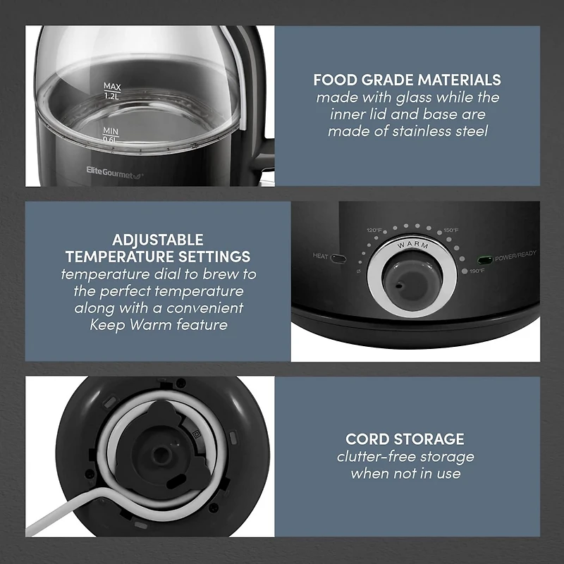 Elite Gourmet Adjustable Temperature Electric Honeypot 1.2 L Glass Kettle