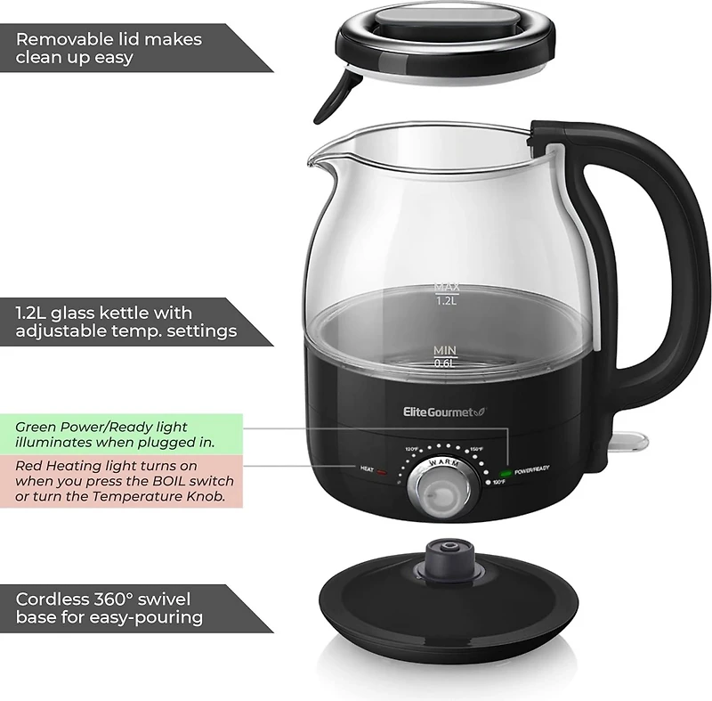 Elite Gourmet Adjustable Temperature Electric Honeypot 1.2 L Glass Kettle